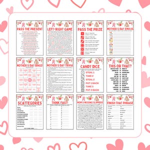 May include: A set of printable Mother's Day game cards with pink and white floral designs. The games include Pass the Present, Left-Right Game, Pass the Prize, Mother's Day Emojis, Mother's Day Bingo, Mother's Day Trivia, Candy Dice, This or That?, Scattegories, Think Fast!, Mom's Missing Slippers, and Finish That Phrase.
