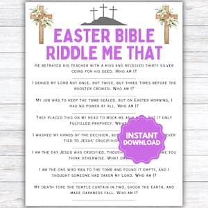 Puede incluir: Juego de acertijos de la Biblia de Pascua imprimible con un título morado y blanco "Easter Bible Riddle Me That". El juego presenta 7 acertijos sobre personajes bíblicos relacionados con la Pascua.