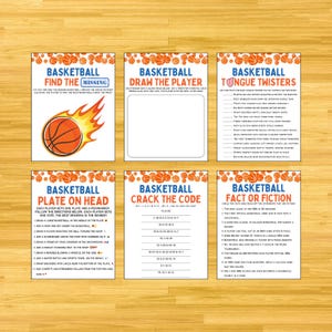 May include: Six printable game cards with a basketball theme. The cards feature games like "Find the Missing Basketball", "Draw the Player", "Tongue Twisters", "Plate on Head", "Crack the Code", and "Fact or Fiction".