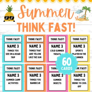 May include: A colorful summer-themed game with the text "Summer Think Fast!" featuring a smiling pineapple wearing sunglasses. The game includes 60 cards with prompts like "Name 3 things you see on a road trip."