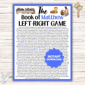 Könnte beinhalten: Eine blaue und weiße druckbare Spielkarte mit dem Titel "Das Buch Matthäus Links-Rechts-Spiel". Die Karte zeigt eine farbenfrohe Illustration von Jesus und seinen Jüngern beim letzten Abendmahl. Der Text auf der Karte erklärt das Spiel und hebt wichtige Ereignisse aus dem Matthäusevangelium hervor.