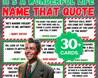 May include: A set of 30+ green and red Christmas-themed cards with quotes from the movie "It's a Wonderful Life". The cards feature a photo of George Bailey, the main character of the movie.