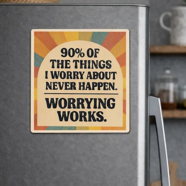 Magnet „Sorgenarbeit“ – Lustiger Spruch, Burnout-Humor, Retro-Regenbogen-Geschenk