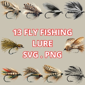 May include: Thirteen colorful fly fishing lures with feathers and hooks. The lures are arranged in two rows with the text "13 FLY FISHING LURE SVG. PNG" in the center.