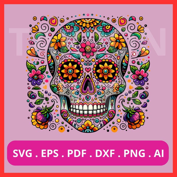 Sugar Skull Svg | Sugar Skull Vector Art | Dia de los Muertos Illustration | Calavera Design SVG | Mexican Skull Art | Floral Sugar Skull