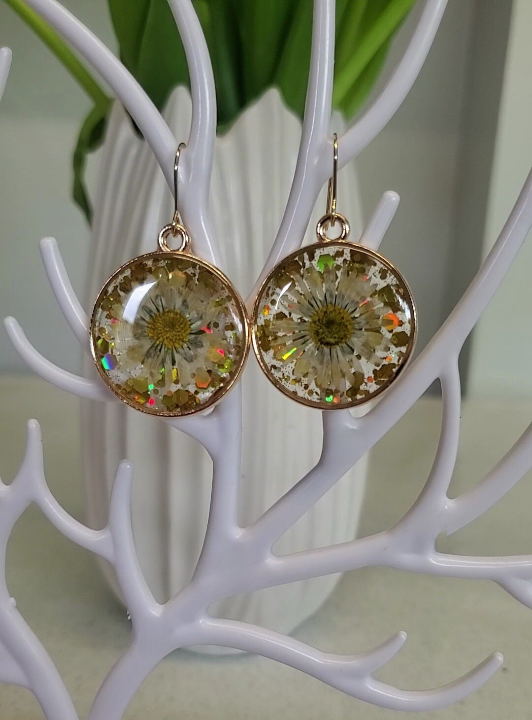 Sparkling Daisy Earrings, Real Flower Earrings, Handmade Dangle