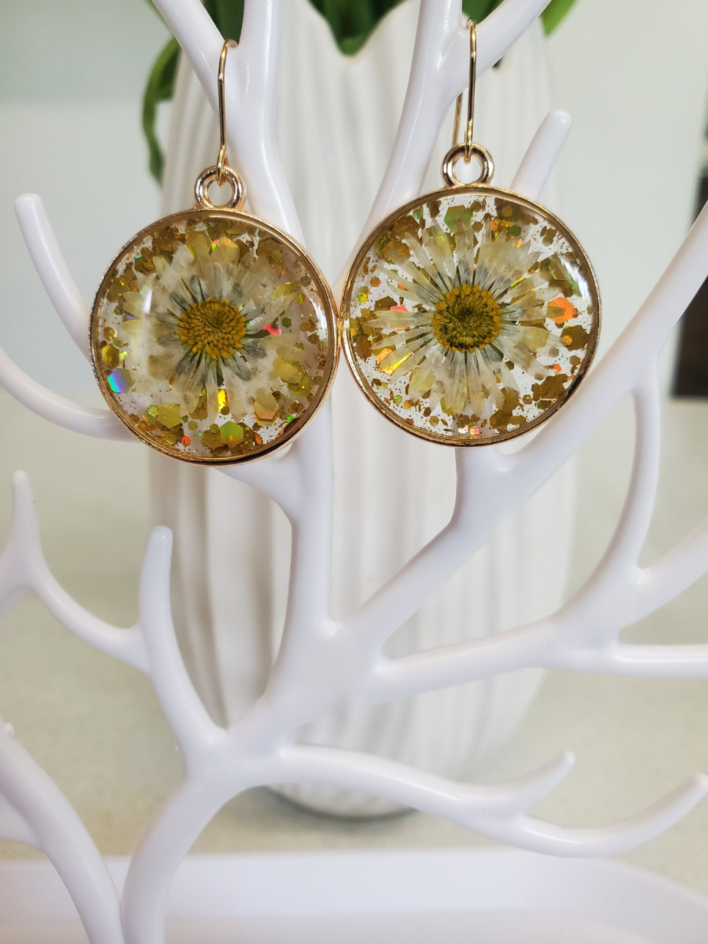 Sparkling Daisy Earrings, Real Flower Earrings, Handmade Dangle