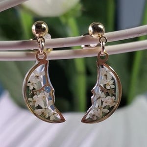 Real Flower Moon Earrings, Gold Plated Dangle Drop Studs, Celestial Gift