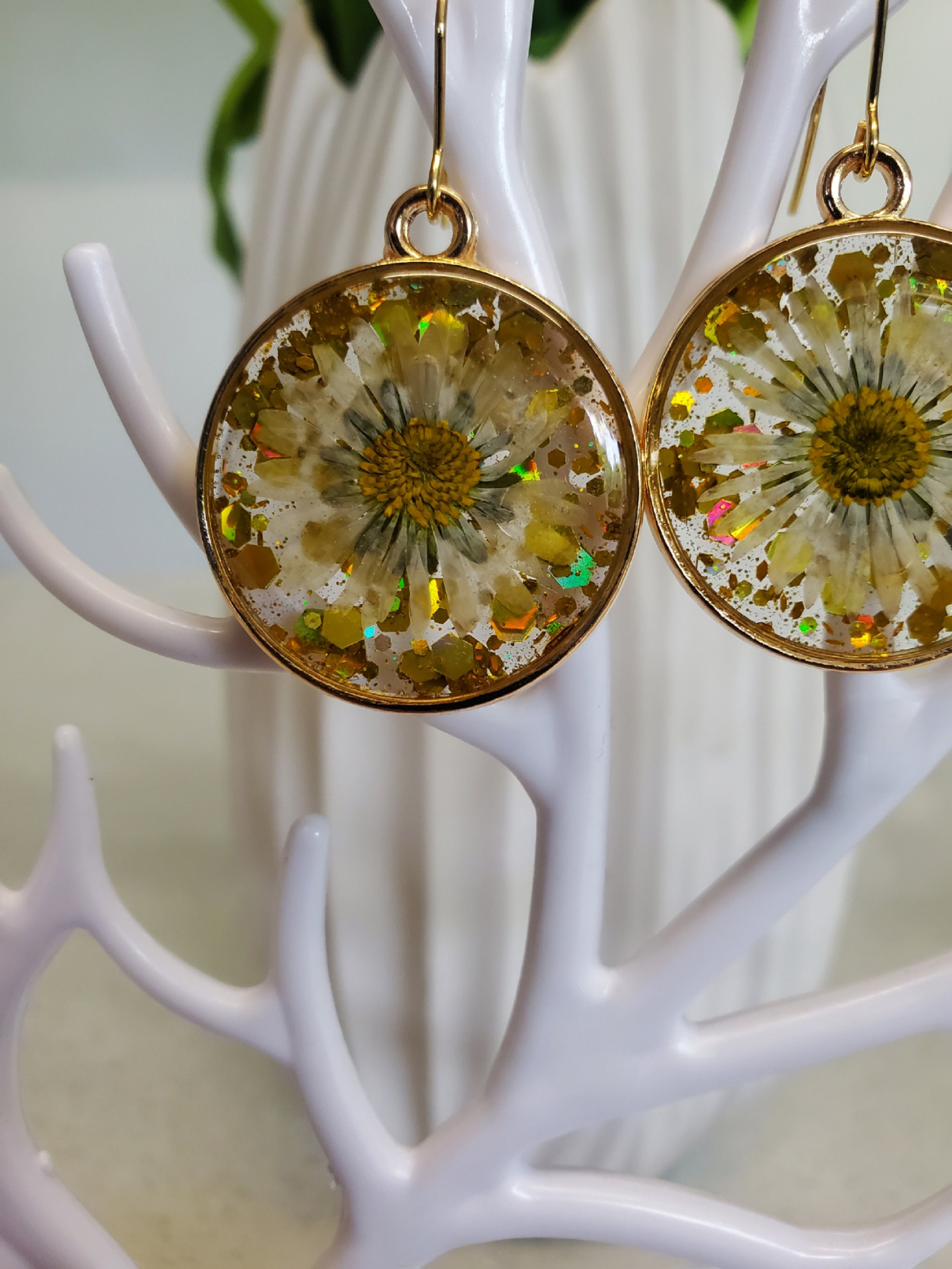 Sparkling Daisy Earrings, Real Flower Earrings, Handmade Dangle