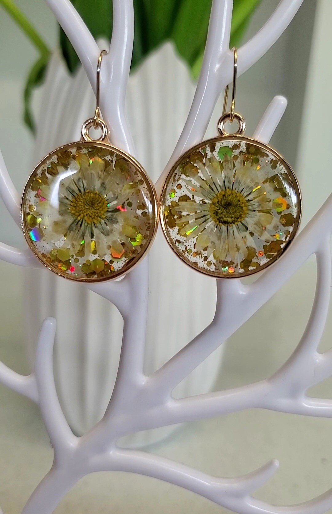 Sparkling Daisy Earrings, Real Flower Earrings, Handmade Dangle