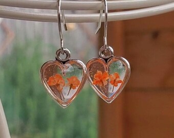 Orange Flower Dangle Earrings, Tiny Real Flowers, Heart Earrings, Autumn Earrings