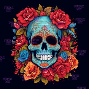 Calavera de azúcar azul rodeada de flores para impresión digital. Solo PNG, solo para cartulina, sublimación y acciones similares, no SVG