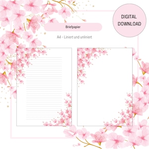 Papelería imprimible en flor de cerezo, hoja de líneas, papelería imprimible floral, papelería imprimible, conjunto de escritura de cartas