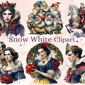40 PNG Aquarell Schneewittchen Clipart, Schneewittchen Prinzessin Sieben Zwerge Png, Fantasy Märchen Clipart, böse Königin, Vintage Märchen Set