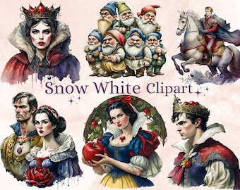 40 PNG Watercolour Snow White Clipart, Snow White Princess Seven Dwarves Png, Fantasy Fairytale Clipart, Evil Queen, Vintage Fairy Tale Set