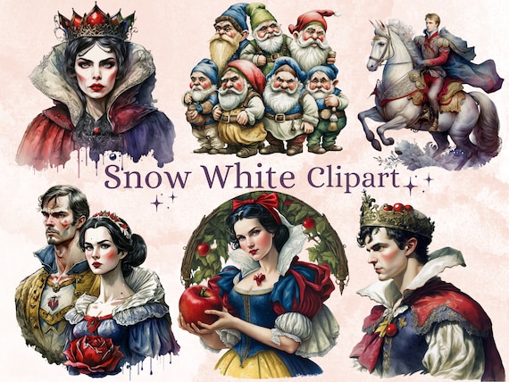 40 PNG Watercolour Snow White Clipart, Snow White Princess Seven Dwarves Png, Fantasy Fairytale Clipart, Evil Queen, Vintage Fairy Tale Set