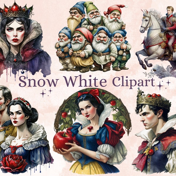 40 PNG aquarelle neige blanche Clipart, blanche neige princesse sept nains Png, Fantasy conte de fées Clipart, Evil Queen, vintage conte de fées ensemble