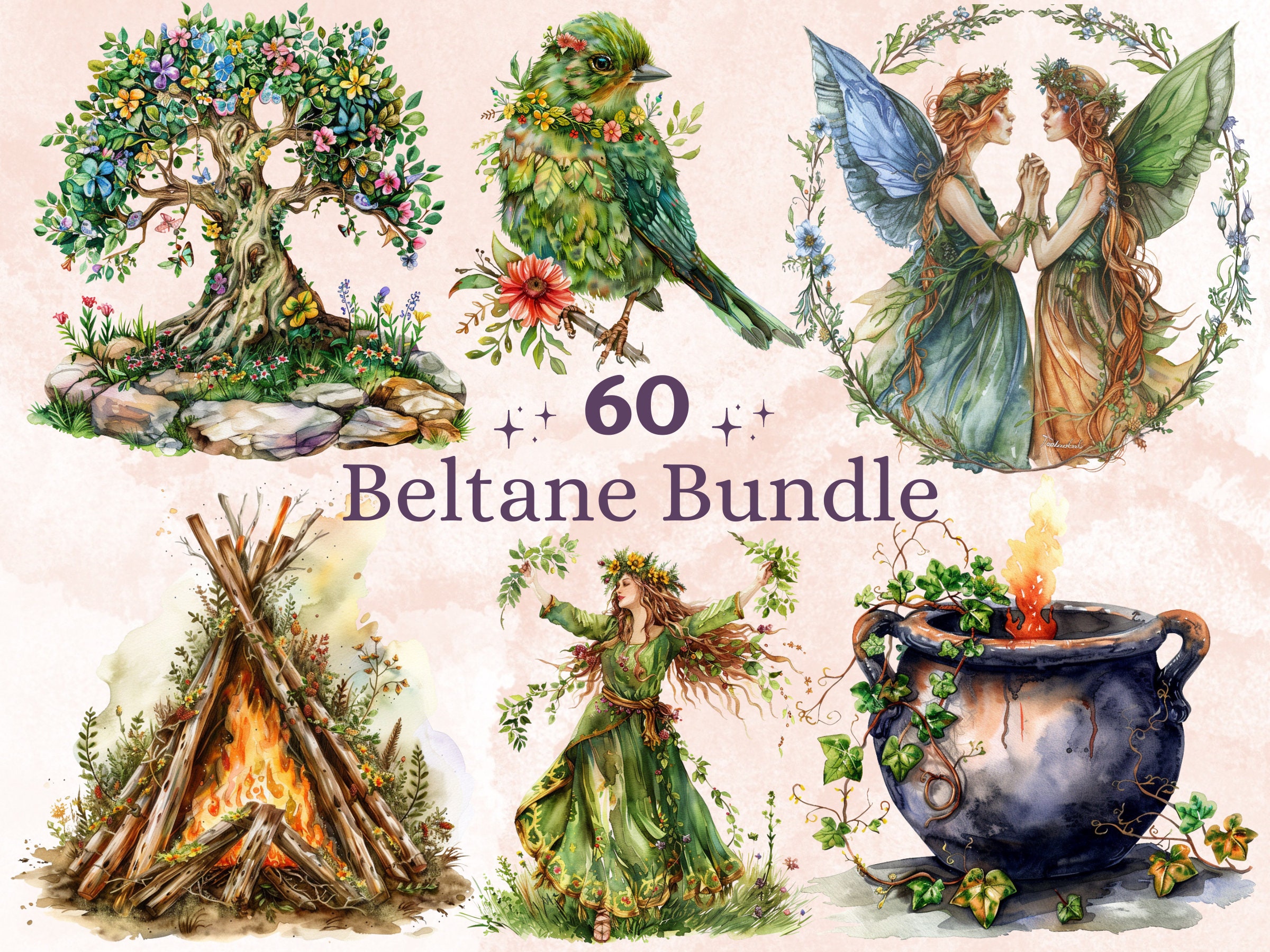 60 PNG Watercolor Beltane Clipart, Floral Pagan Wiccan Art Illustrations Clip art, Neopagan Witch Wicca png, Beltane Goddess Sublimation