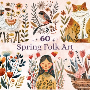 60 PNG acuarela primavera arte popular clipart, ilustraciones de animales de primavera escandinavos clip art, arte popular de flores nórdicas png, sublimación de la naturaleza