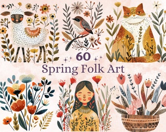 60 PNG Watercolor Spring Folk Art Clipart, Scandinavian Spring Animal Illustrations Clip art, Nordic Flower Folk Art Png, Nature Sublimation