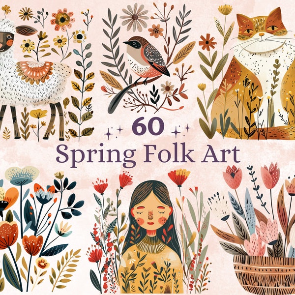 60 PNG Watercolor Spring Folk Art Clipart, Scandinavian Spring Animal Illustrations Clip art, Nordic Flower Folk Art Png, Nature Sublimation