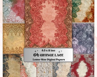 Grunge Lace Pages, Vintage Lace Backgrounds, Shabby Chic Junk Journal Paper, Elegant Collage Printable, Letter Size