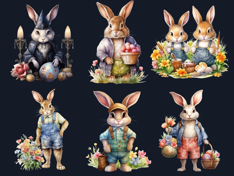 40 PNG Watercolor Easter Bunny Clipart, Floral Easter Rabbit Illustrations Clip art, Garden Farmer Bunny Sublimation, Rabbit Tea Party Png