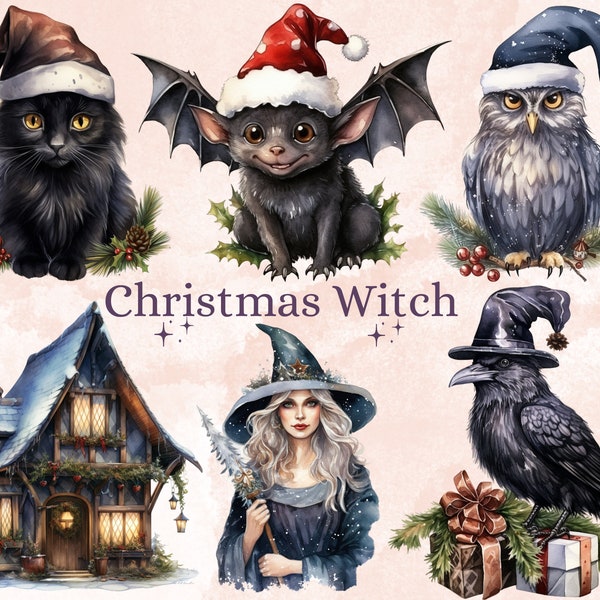 38 PNG Watercolour Christmas Witch Clipart, Gothic Christmas Illustrations Clip art, Winter png, Witchcraft Xmas Noel Ornaments