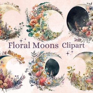 22 PNG Aquarell Floral Monde Clipart, Florale Halbmonde mit Blumen PNG Bundle, Mond Clip Art, Celestial Clipart, Fantasy Clipart Set
