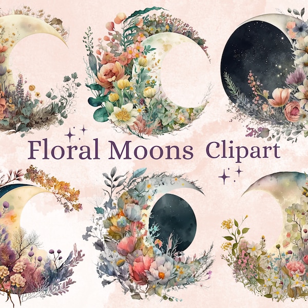 22 PNG Watercolor Floral Moons Clipart, Floral Crescent Moons with Flowers PNG Bundle, Moon Clip Art, Celestial Clipart, Fantasy Clipart Set