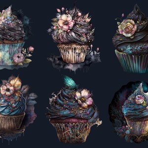 20 PNG Watercolor Magical Cupcakes Clipart, Gothic Cupcake Clip Art, Floral Cupcakes, Dessert clipart set, Floral Bakery Dessert Sublimation