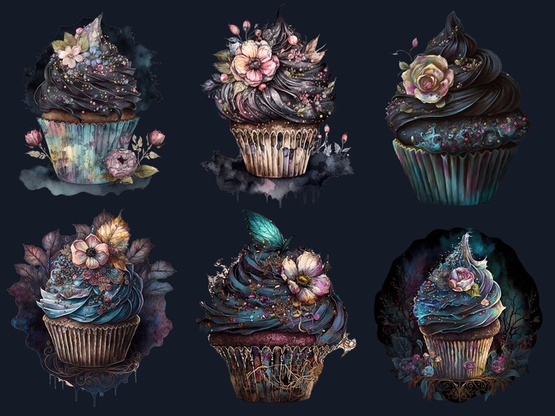 20 PNG Watercolor Magical Cupcakes Clipart, Gothic Cupcake Clip Art, Floral Cupcakes, Dessert clipart set, Floral Bakery Dessert Sublimation