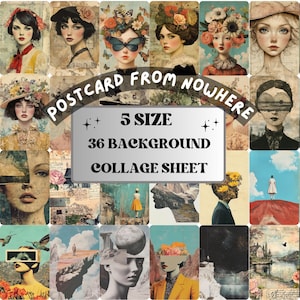 Papel de colagem de cartão postal extravagante do nada, folha de mídia mista de arte grunge surreal, imagens efêmeras caprichosas, diário peculiar, papel de scrapbook