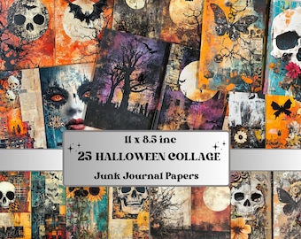 May include: A collection of 25 Halloween collage junk journal papers, each 11 x 8.5 inches. The papers feature spooky imagery like skulls, bats, and moons, with a mix of orange, black, and purple hues. The overall theme is gothic and eerie.