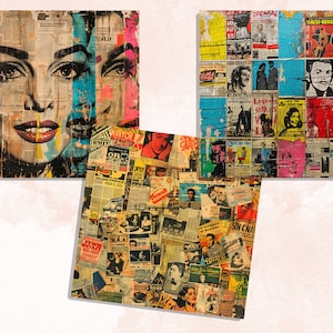 May include: Three square wall art pieces. One features a woman's face with colorful accents, another showcases vintage images and text, and the third is a collage of vintage advertisements and images. The art pieces are mounted on wood.