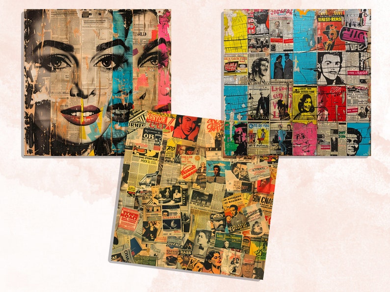 May include: Three square wall art pieces. One features a woman's face with colorful accents, another showcases vintage images and text, and the third is a collage of vintage advertisements and images. The art pieces are mounted on wood.