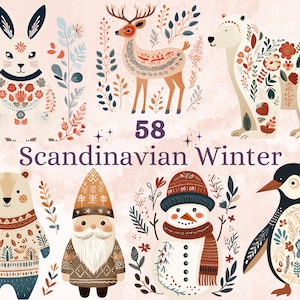 58 PNG acuarela imágenes prediseñadas de invierno escandinavo, ilustraciones de arte popular de invierno nevado Clip art, vacaciones de invierno png, adornos navideños nórdicos