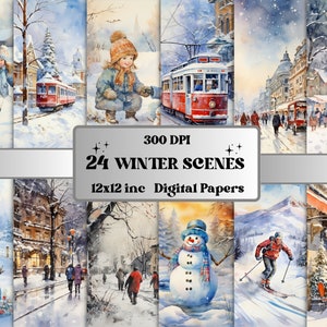 Papel digital de escenas de invierno de acuarela imprimible, efímera de invierno acogedora, páginas de paisajes nevados, diario basura, scrapbooking, fabricación de tarjetas