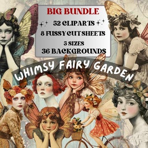 Whimsy Fairy Garden Collage Elements, Whimsical Fairy Fussy Cut, Quirky Secret Garden Clipart, Fairy Junk Journal, Wings Clipart Background