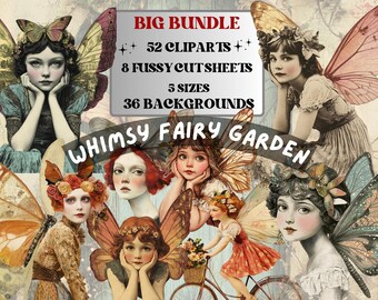 May include: A digital collage of whimsical fairy garden illustrations. The collage features fairies with wings, flowers, and a bicycle. The text "BIG BUNDLE", "52 CLIPARTS +", "8 FUSSY CUTSHEETS", "5 SIZES", "36 BACKGROUNDS", and "WHIMSY FAIRY GARDEN" is included in the image.