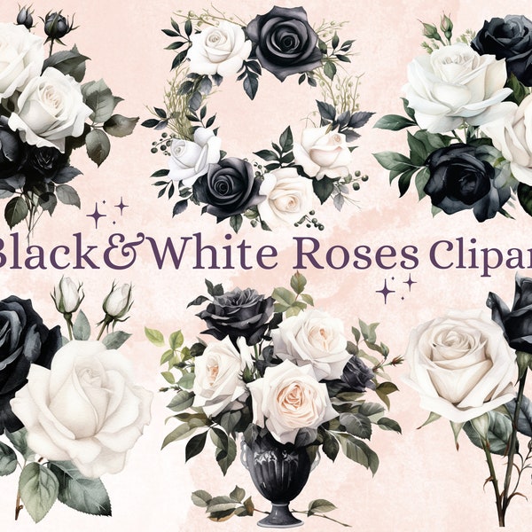 30 PNG Watercolor Black & White Roses Clipart Bundle, Black and White Floral Flowers PNG Clip art, Modern Wedding Floral instant download