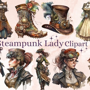32 PNG Watercolour Steampunk Lady Clipart, Steampunk Girls Ephemera, Fantasy Steampunk png bundle, Victorian PNG, Steampunk Junk Journal
