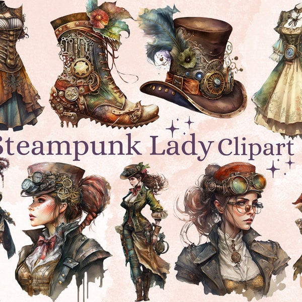 32 PNG Watercolour Steampunk Lady Clipart, Steampunk Girls Ephemera, Fantasy Steampunk png bundle, Victorian PNG, Steampunk Junk Journal