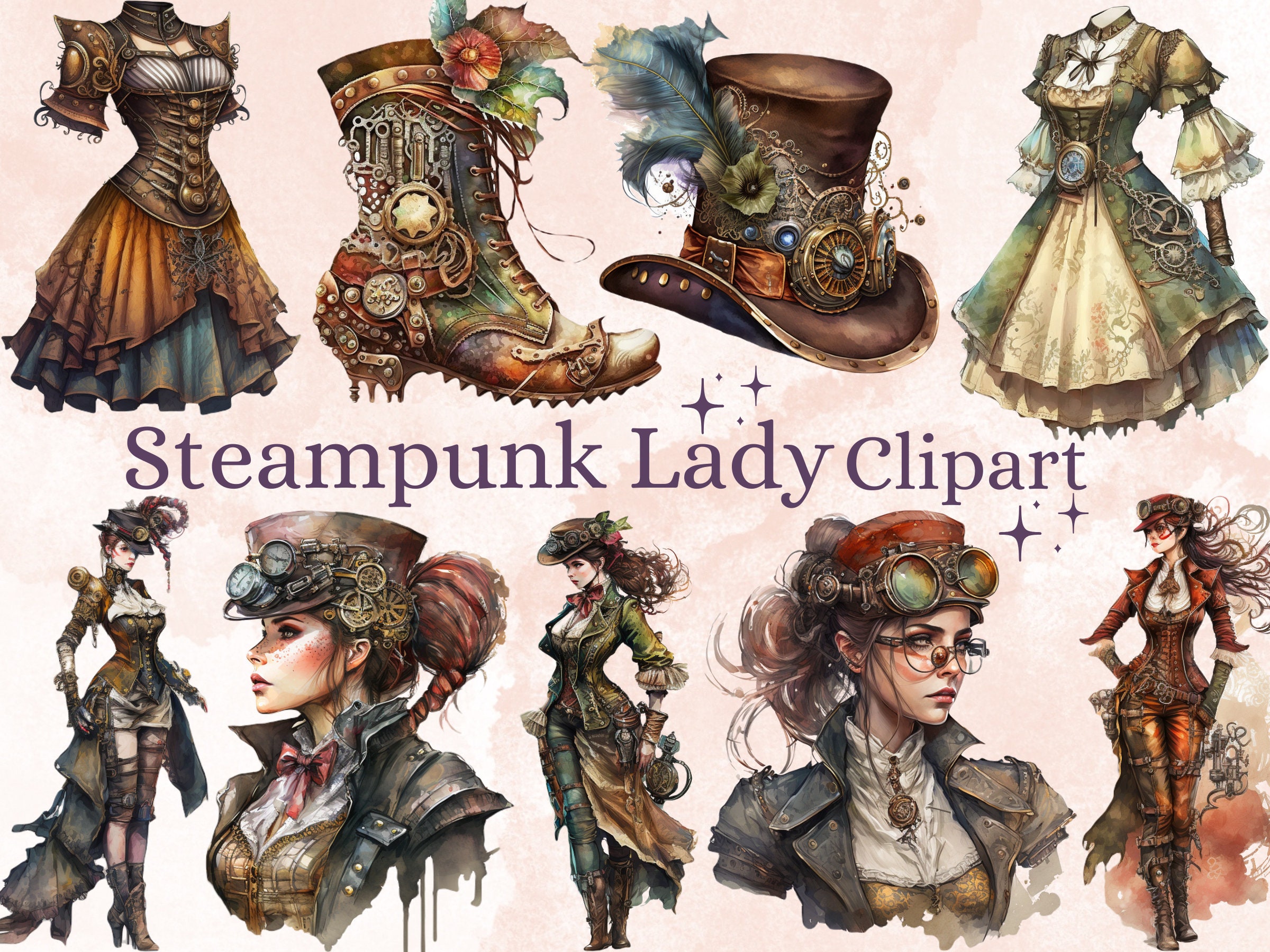 32 PNG Watercolour Steampunk Lady Clipart, Steampunk Girls Ephemera, Fantasy Steampunk png bundle, Victorian PNG, Steampunk Junk Journal