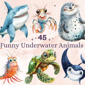 45 PNG Aquarell lustige Unterwassertiere Clipart, Ocean Kindergarten Clip Art, lustige süße Meerestiere png, Sealife Sublimation, unter dem Meer