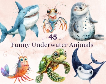 45 PNG akvarell roliga undervattensdjur clipart, havsbarnrum clipart, roliga söta havsdjur png, sublimering av havsliv, under havet