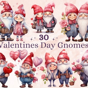 30 PNG Aquarela Dia dos Namorados Gnomo Casal Clipart, Dia dos Namorados Gnomos de Jardim Ilustrações Clip art, Cute Love Png Sublimation
