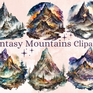 20 PNG Watercolor Fantasy Mountains Clipart, Magical Mountains Clip art, mountains landscape png, Landscape clipart, Mountains Scenes png