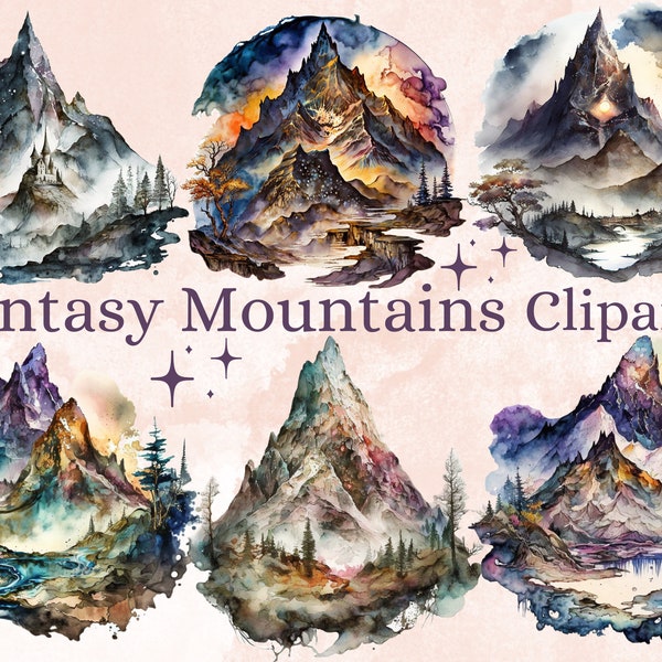 20 PNG aquarelle Fantasy montagnes Clipart, clipart montagnes magiques, montagnes paysage png, paysage clipart, montagnes scènes png