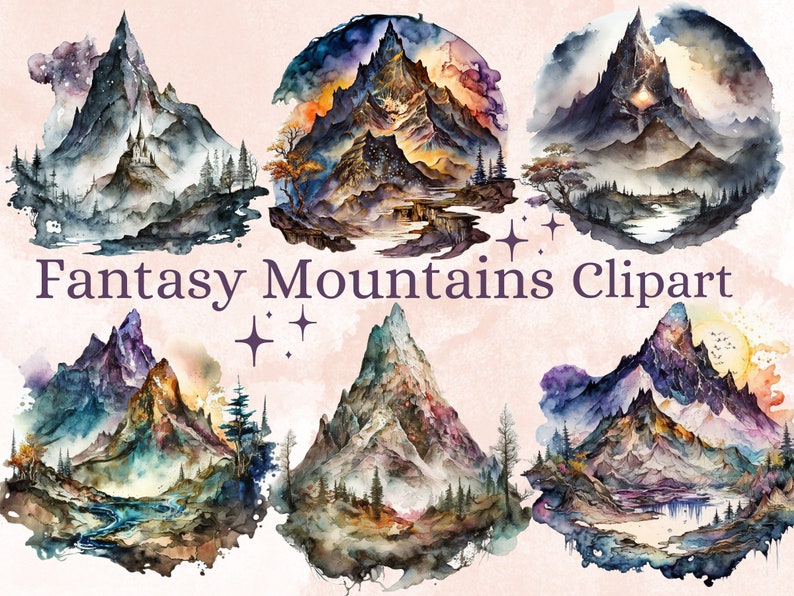 20 PNG Watercolor Fantasy Mountains Clipart, Magical Mountains Clip art, mountains landscape png, Landscape clipart, Mountains Scenes png